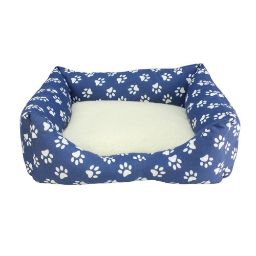 CAMA PERRO CUADRADA HUELLAS AZULES