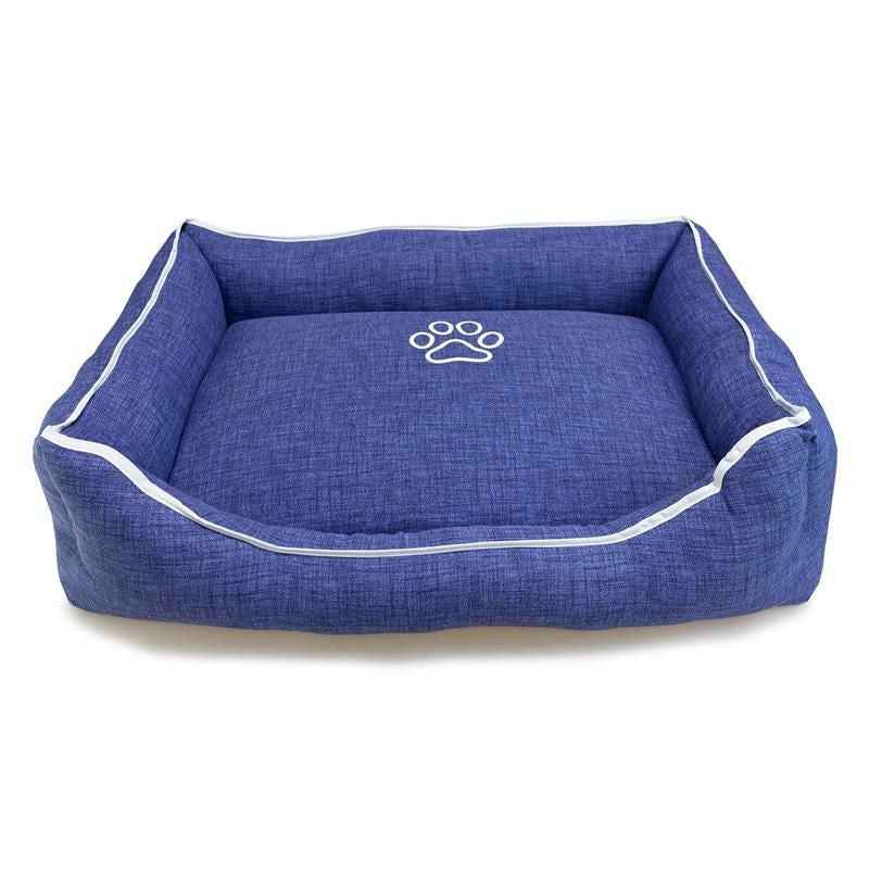 Cama Perros Cuadrada Azul Con Huellas Y Ribete