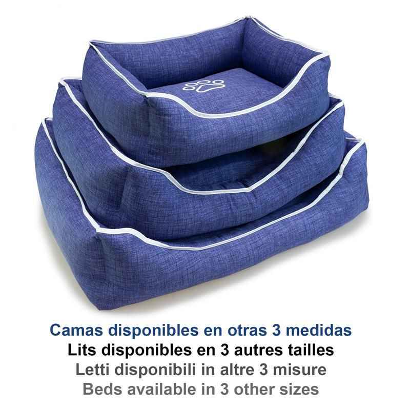 Cama Perros Cuadrada Azul Con Huellas Y Ribete