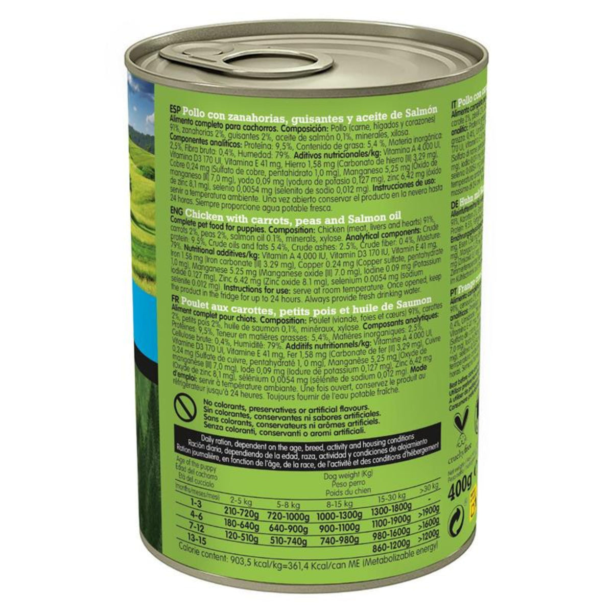 Lata Junior Pollo/Zanahorias/Guisantes/Aceite De Salmón 400Gr.