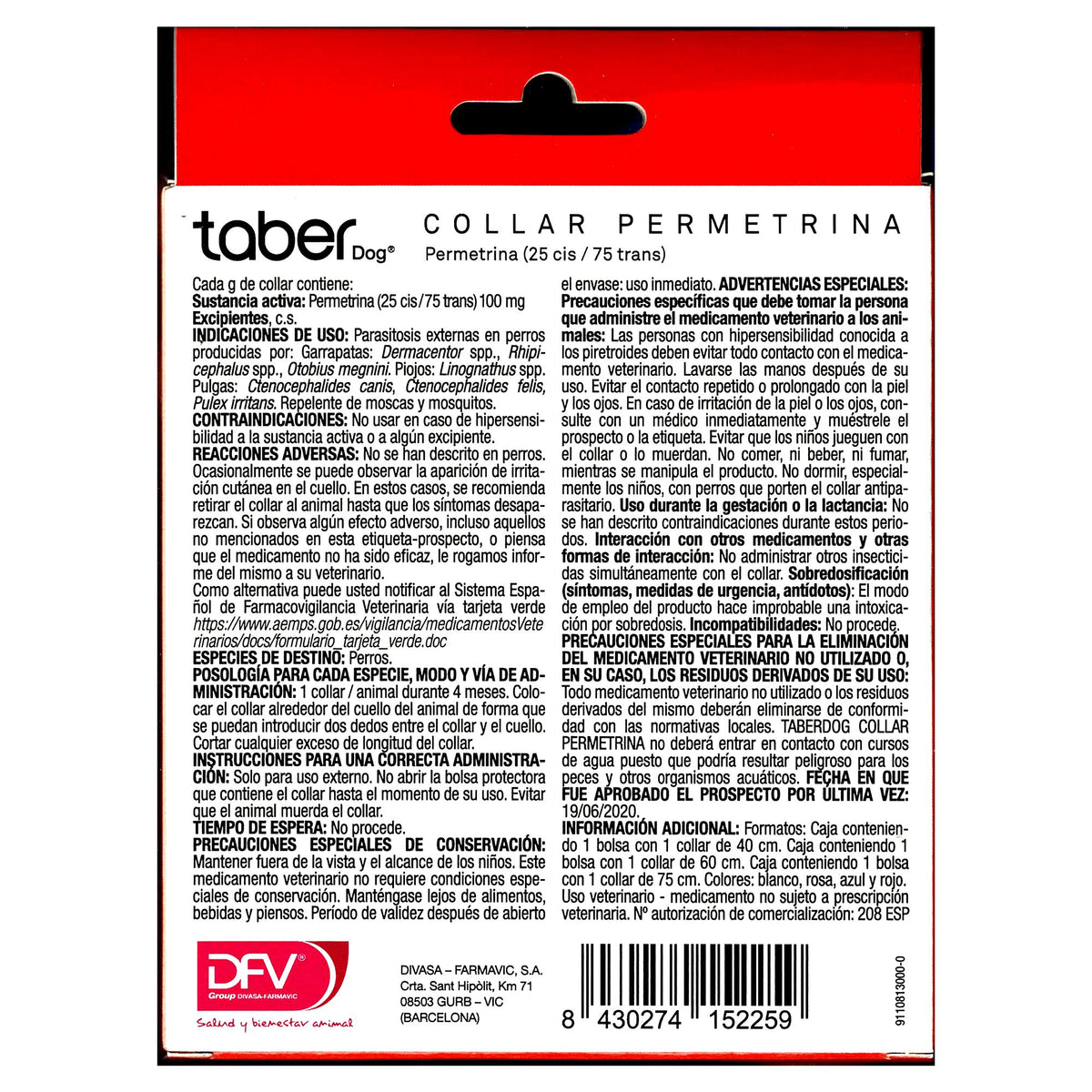 TABERDOG COLLAR PERMETRINA 75cm.ROJO