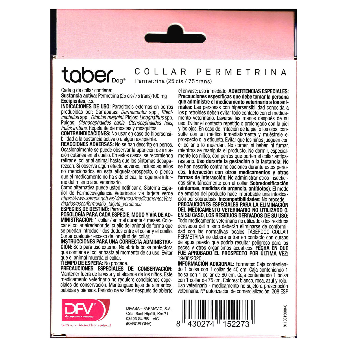TABERDOG COLLAR PERMETRINA 40cm. ROSA