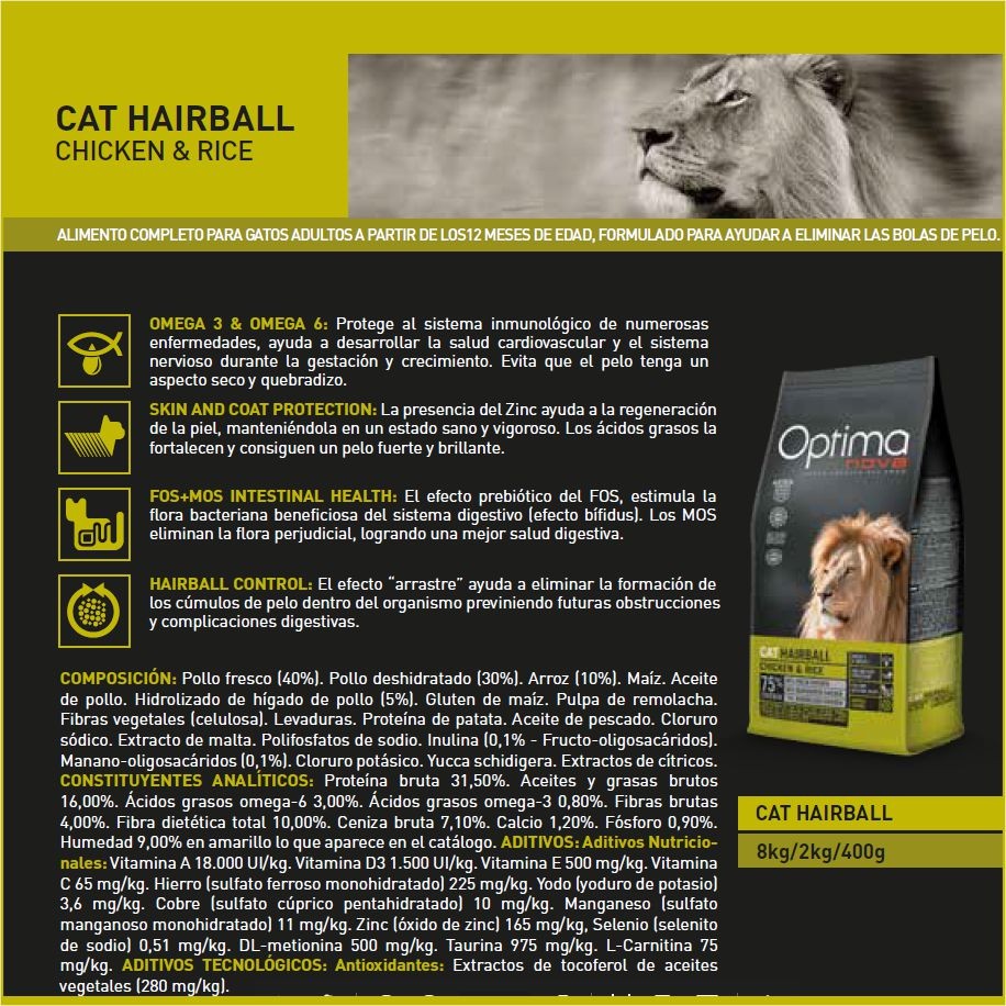 OPTIMA NOVA CAT HAIRBALL 6 KG.