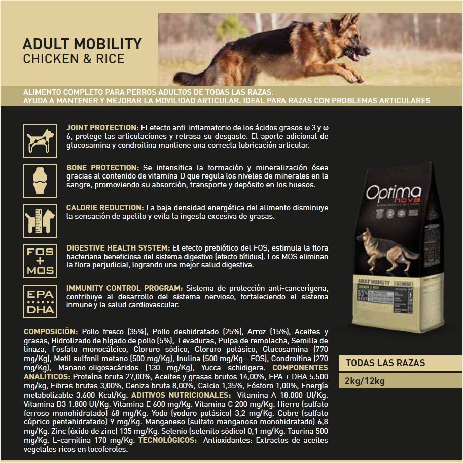 OPTIMA NOVA MOBILITY - Alimento para Perros con Pollo y Arroz 2 KG