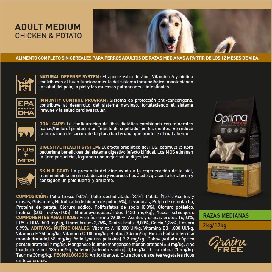 OPTIMA NOVA ADULT MEDIUM/LARGE CHICKEN POTATO 12 KG.