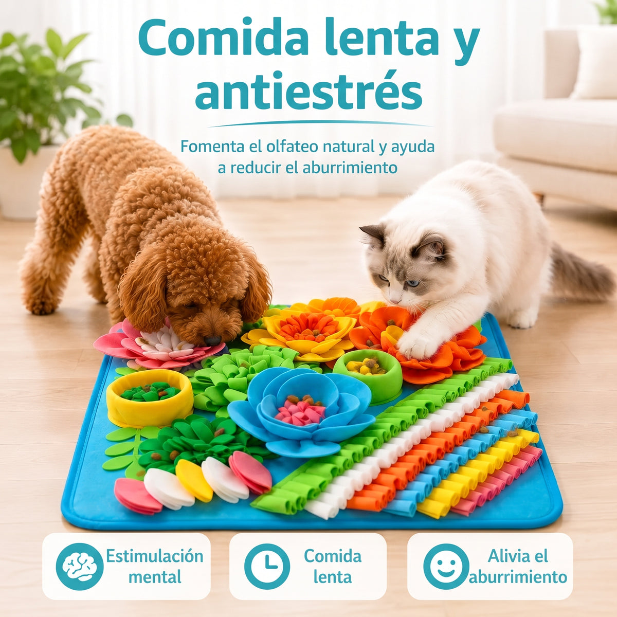 Perro y gato buscando premios en la alfombra olfativa