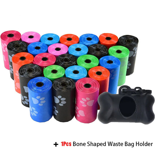 Pet Poop Bags Disposable Dog Waste Bags Bulk Poop Bags with Leash Clip and Bone Bag Dispenser 5Roll(75Pcs) Bags with Paw Prints