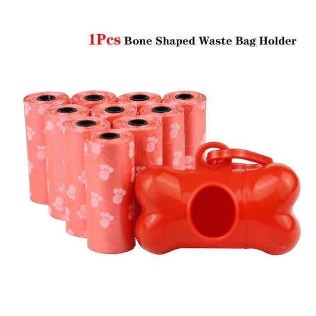 Pet Poop Bags Disposable Dog Waste Bags Bulk Poop Bags with Leash Clip and Bone Bag Dispenser 5Roll(75Pcs) Bags with Paw Prints