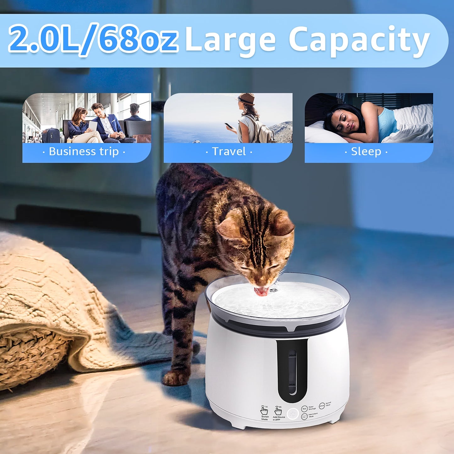 Electric water fountain for small dogs and cats, 2L / 70oz