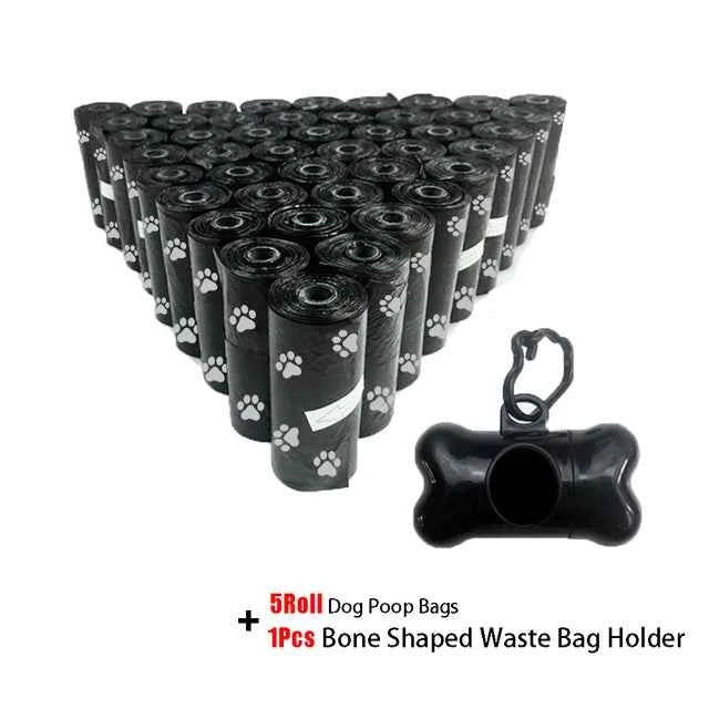 Pet Poop Bags Disposable Dog Waste Bags Bulk Poop Bags with Leash Clip and Bone Bag Dispenser 5Roll(75Pcs) Bags with Paw Prints