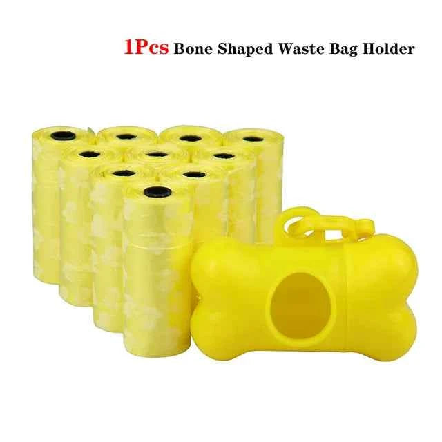 Pet Poop Bags Disposable Dog Waste Bags Bulk Poop Bags with Leash Clip and Bone Bag Dispenser 5Roll(75Pcs) Bags with Paw Prints