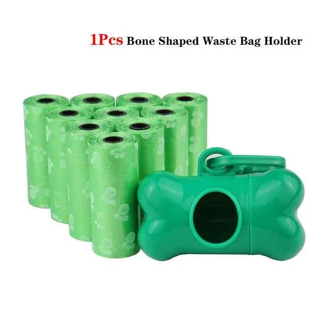 Pet Poop Bags Disposable Dog Waste Bags Bulk Poop Bags with Leash Clip and Bone Bag Dispenser 5Roll(75Pcs) Bags with Paw Prints