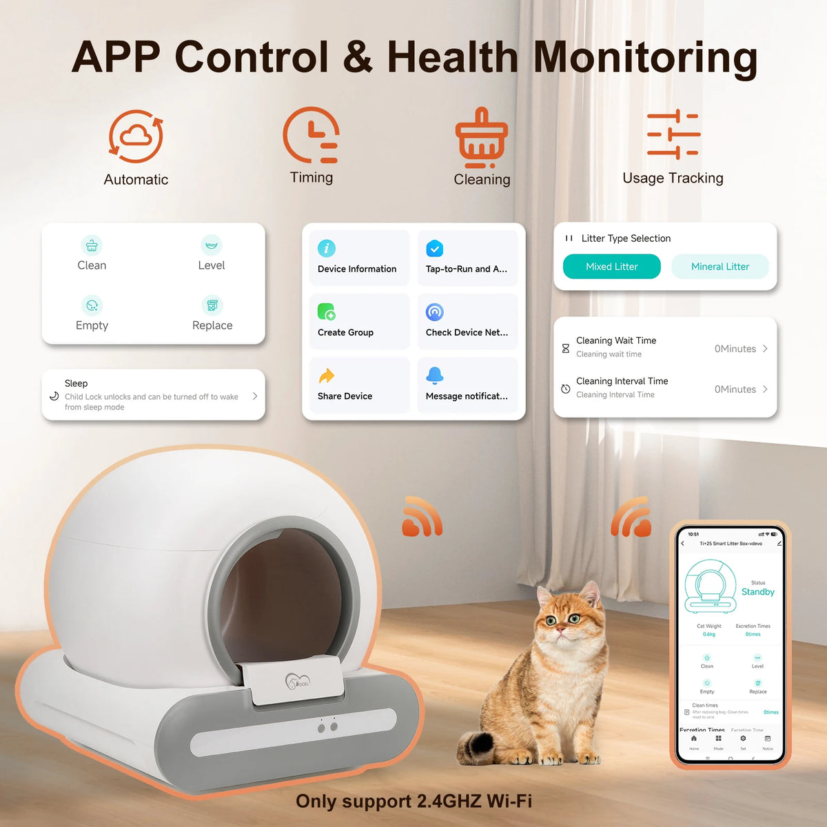 Nuevo arenero autolimpiable para gatos, inodoro inteligente de gran capacidad de 65 litros, control por aplicación, solo compatible con WiFi de 2,4 GHz,