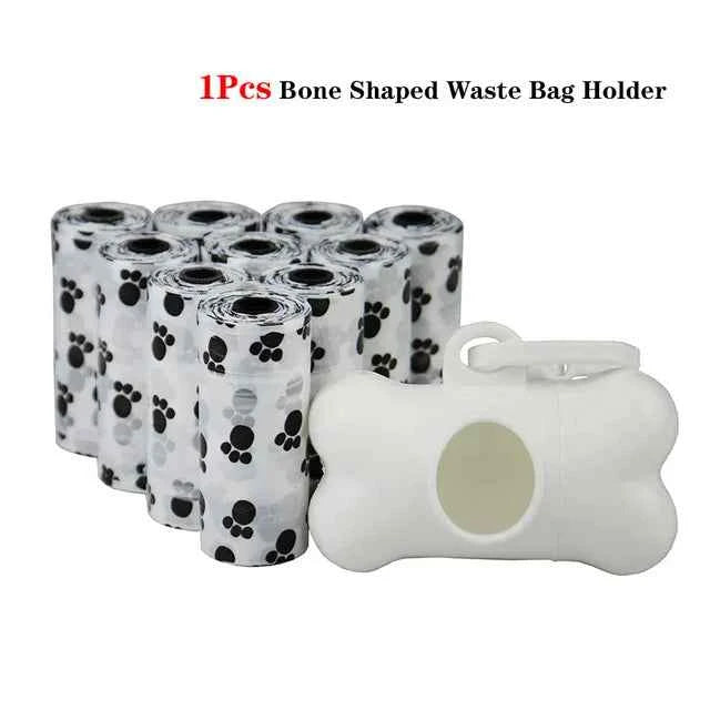 Pet Poop Bags Disposable Dog Waste Bags Bulk Poop Bags with Leash Clip and Bone Bag Dispenser 5Roll(75Pcs) Bags with Paw Prints