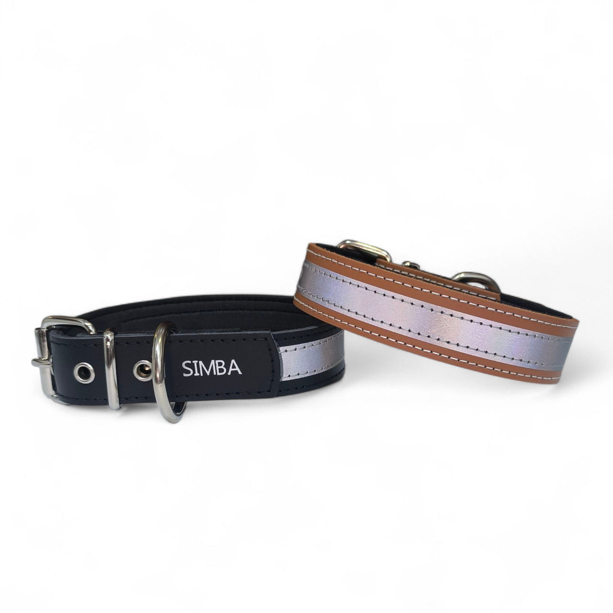 Collar Relax reflectante personalizado con nombre, negro y cuero