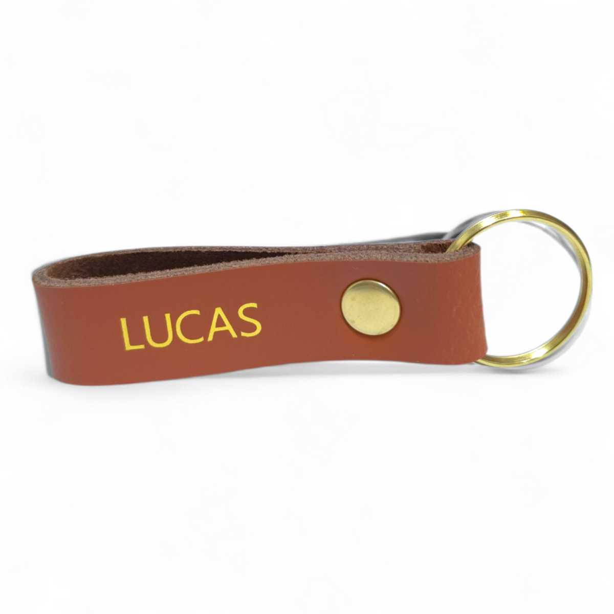 Llavero de cuero camel con nombre grabado en dorado