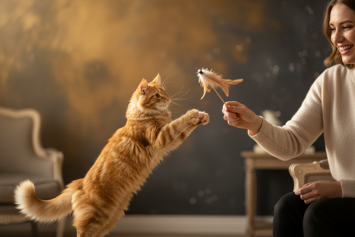 gato jugando con su dueño (foto profesional y el gato a la izquierda )fondo dorado y gris osccuro
