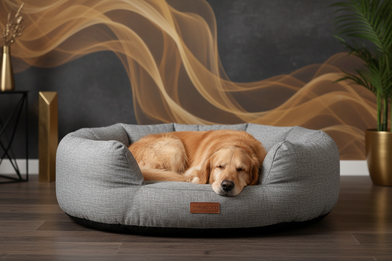 perro tumbado en( cama antiestrés en el suelo de un salon) con fondo dorado y gris oscuro que se vea profesional y en vertical