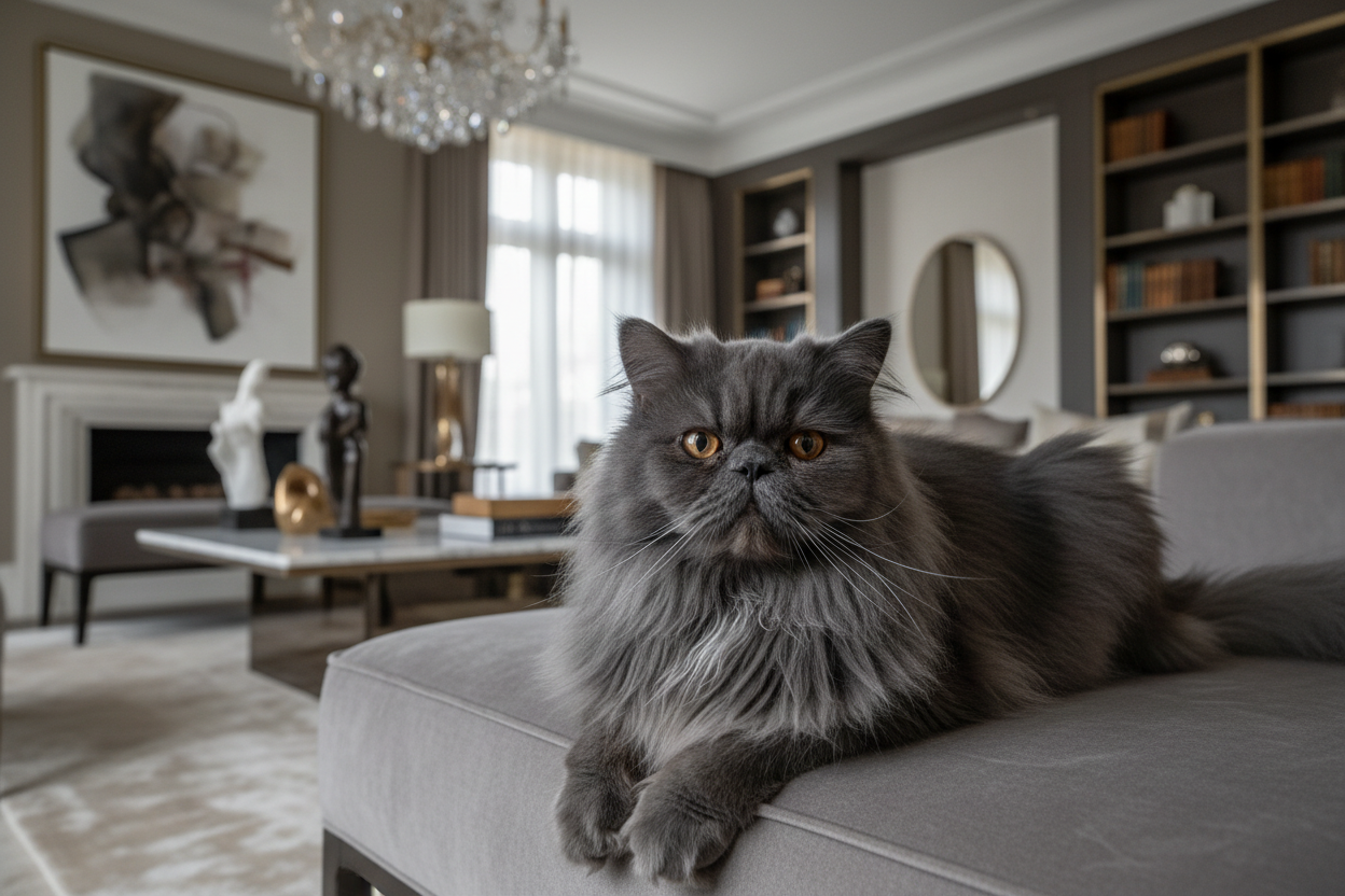 un gato persa gris oscuro en un salon( foto profesional lexure)